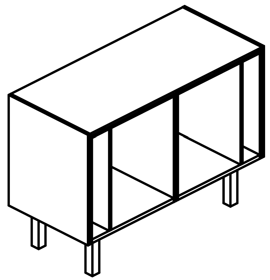 Schéma du meuble Galindo bas, 2 compartiments ouverts, vue en perspective
