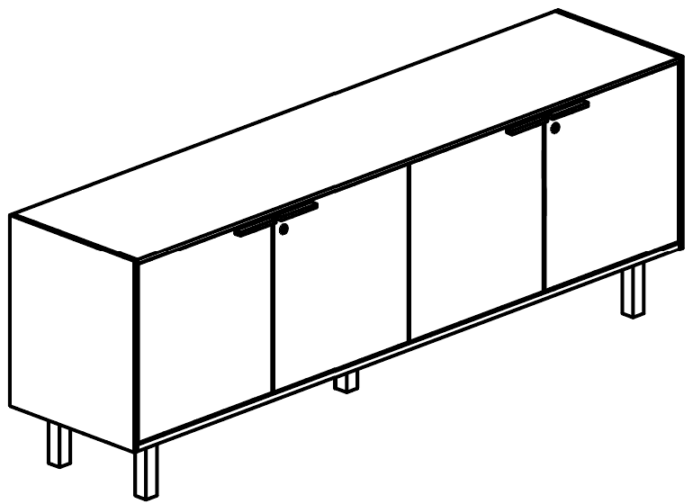 Schéma du buffet bas Galindo 4 portes battantes, vue en perspective