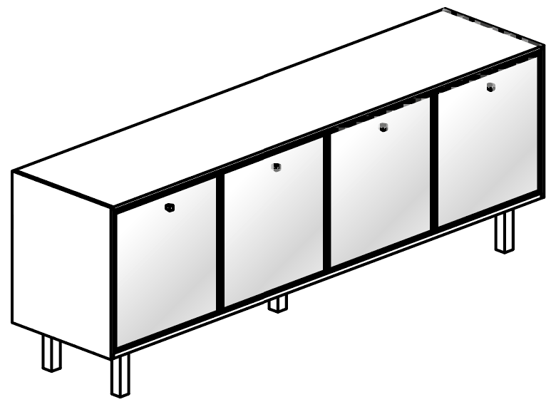 Schéma du buffet bas Galindo 4 portes, finition bois veiné, vue en perspective