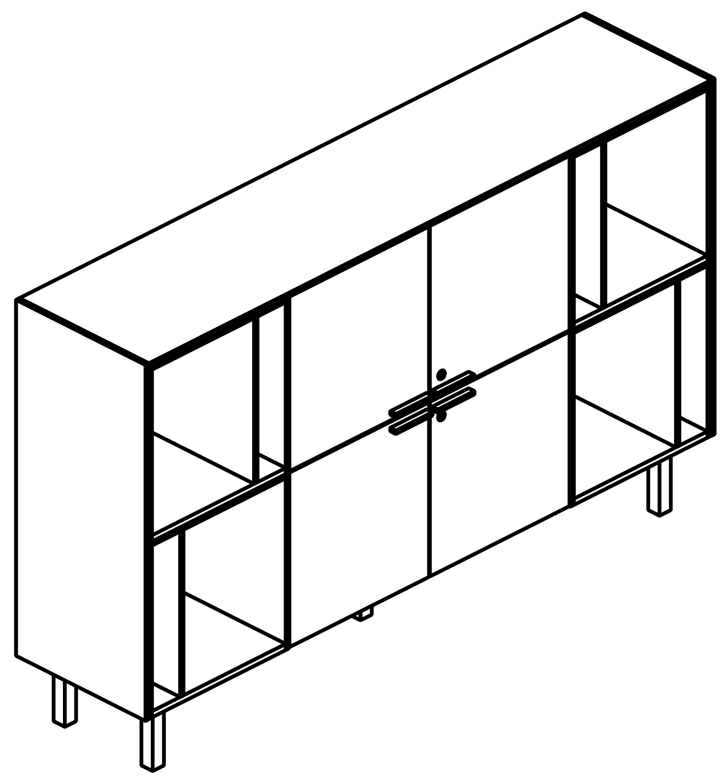 Schéma du rangement Galindo haut, 4 compartiments avec 4 portes, vue en perspective