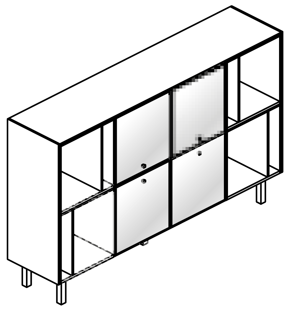 Schéma du rangement Galindo haut, 4 compartiments avec 4 portes vitrées, vue en perspective