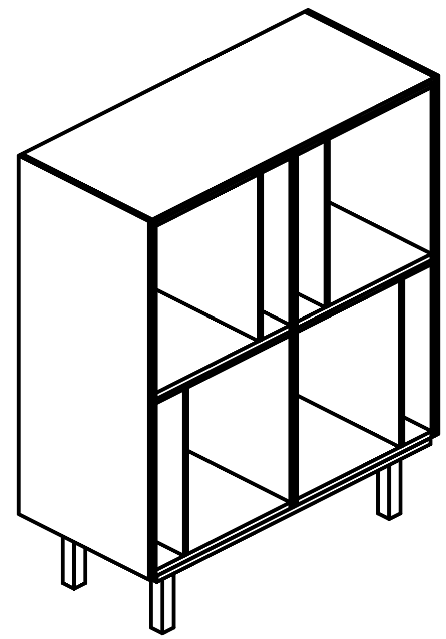 Schéma du meuble de rangement Galindo, 4 compartiments ouverts sur 2 niveaux, en perspective