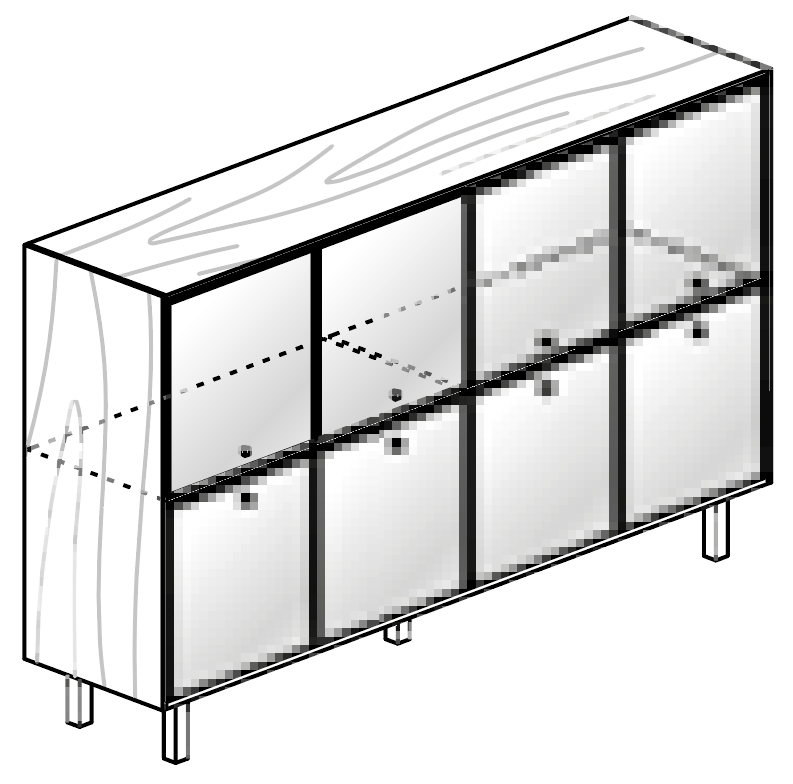 Schéma de l'armoire haute Galindo 8 portes avec étagères visibles, finition bois
