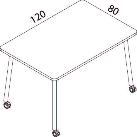 Schéma coté du bureau Gargano, plateau 120 x 80 cm, piètement 4 pieds sur roulettes