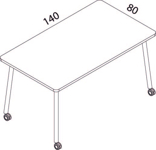 Schéma coté du bureau Gargano, plateau 140 x 80 cm, piètement 4 pieds sur roulettes