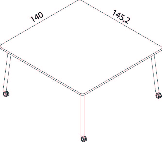 Schéma coté de la table Gargano, plateau 145,2 x 140 cm, piètement 4 pieds sur roulettes