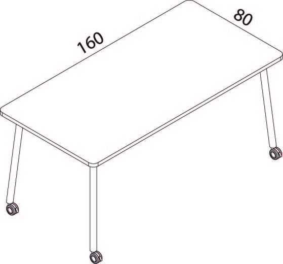 Schéma coté du bureau Gargano, plateau 160 x 80 cm, piètement 4 pieds sur roulettes