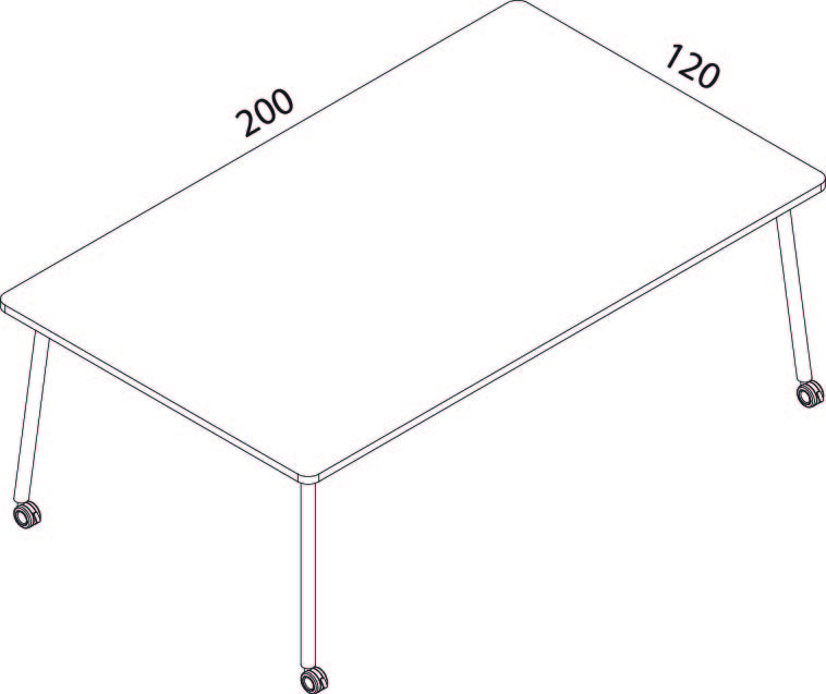Schéma coté du bureau Gargano, plateau 200 x 120 cm, piètement 4 pieds sur roulettes