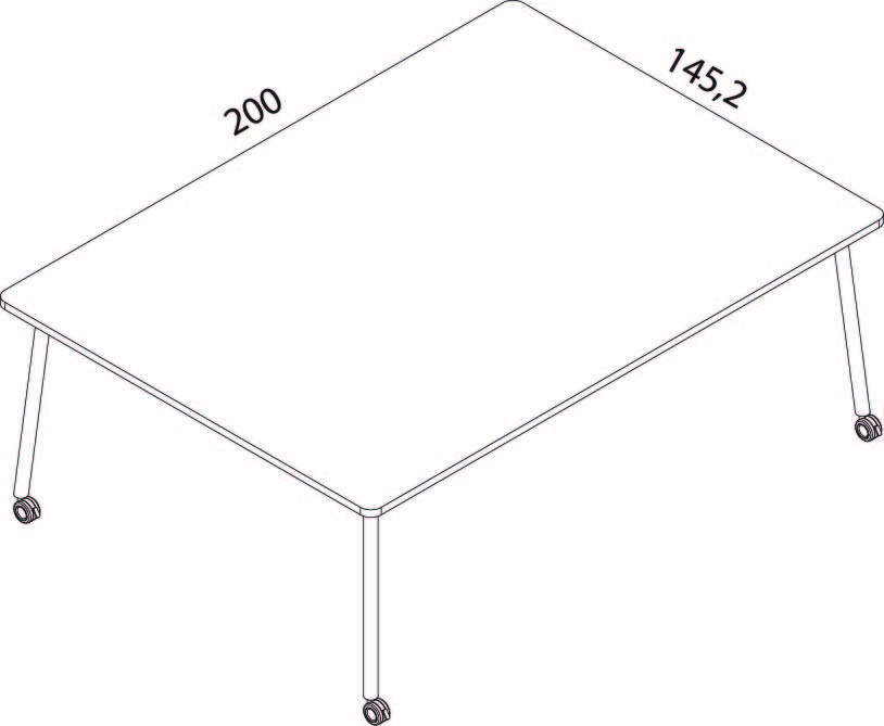 Schéma coté de la table Gargano, plateau 200 x 145,2 cm, piètement 4 pieds sur roulettes