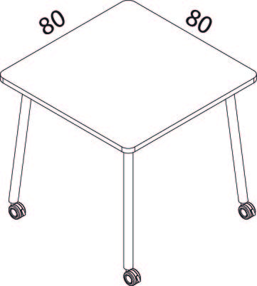 Schéma coté du bureau Gargano, plateau 80 x 80 cm, piètement 4 pieds sur roulettes