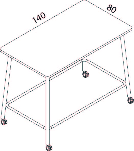 Schéma coté du bureau Gargano version haute, plateau 140 x 80 cm, piètement cadre