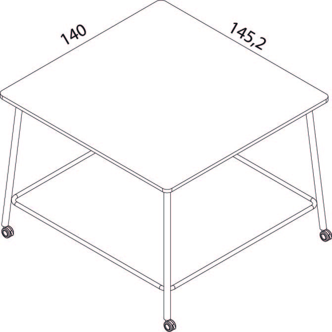 Schéma coté de la table Gargano version haute, plateau 145,2 x 140 cm, piètement cadre