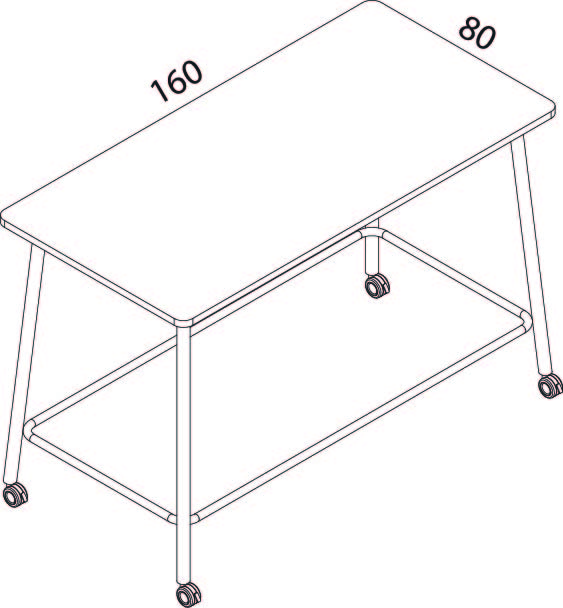 Schéma coté du bureau Gargano version haute, plateau 160 x 80 cm, piètement cadre