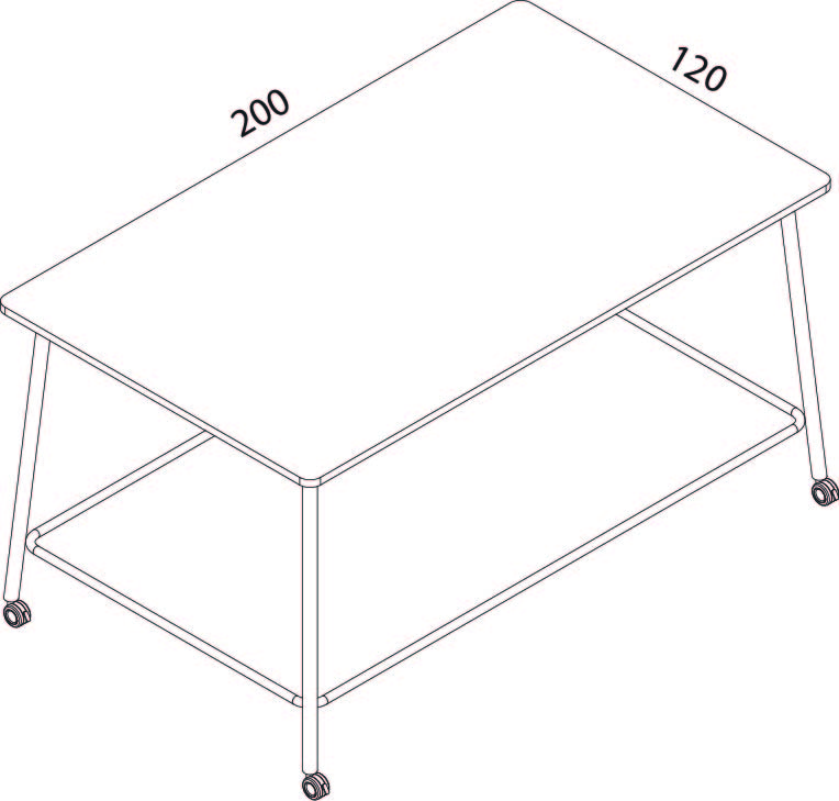 Schéma coté du bureau Gargano version haute, plateau 200 x 120 cm, piètement cadre