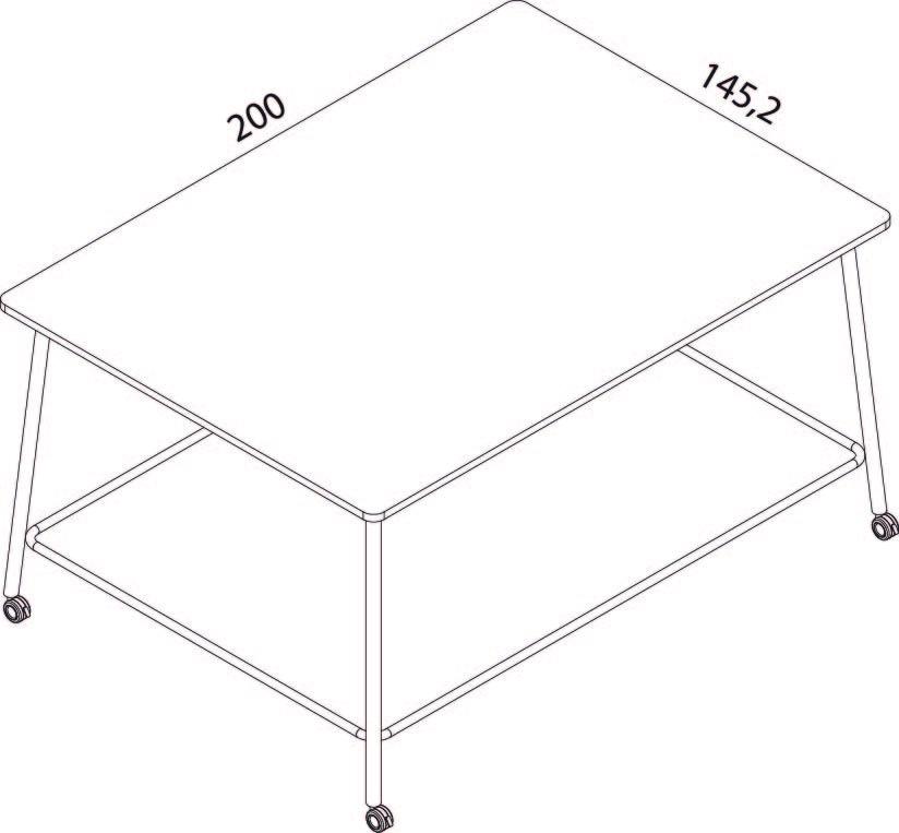 Schéma coté de la table Gargano version haute, plateau 200 x 145,2 cm, piètement cadre