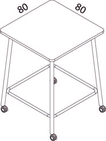 Schéma coté du bureau Gargano version haute, plateau 80 x 80 cm, piètement cadre