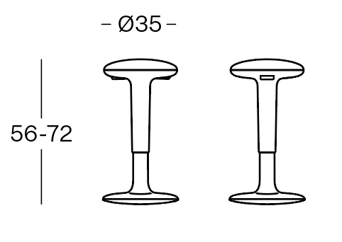 Sch&eacute;ma cot&eacute; du tabouret assis-debout Gari, assise &Oslash;35 cm, hauteur r&eacute;glable 56-72 cm