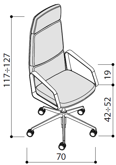 Sch&eacute;ma du fauteuil de direction G&eacute;rone grand dossier, hauteur 117-127 cm, assise r&eacute;glable 42-52 cm