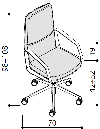 Sch&eacute;ma du fauteuil de direction G&eacute;rone dossier moyen, hauteur 98-108 cm, assise r&eacute;glable 42-52 cm