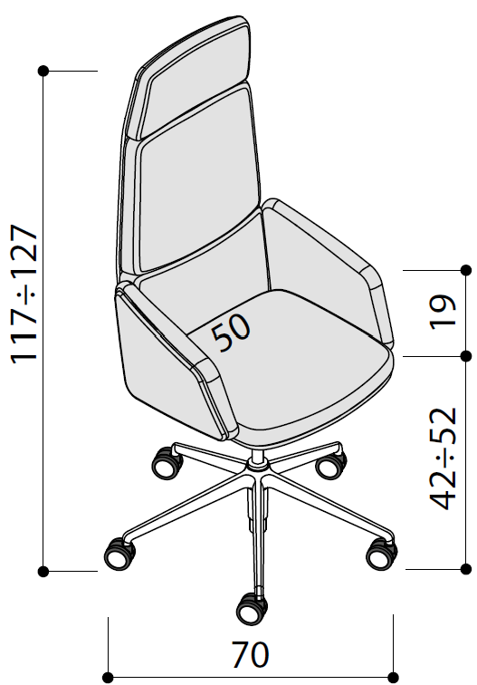 Sch&eacute;ma du fauteuil de direction G&eacute;rone grand dossier &agrave; t&ecirc;ti&egrave;re, hauteur 117-127 cm, assise 42-52 cm