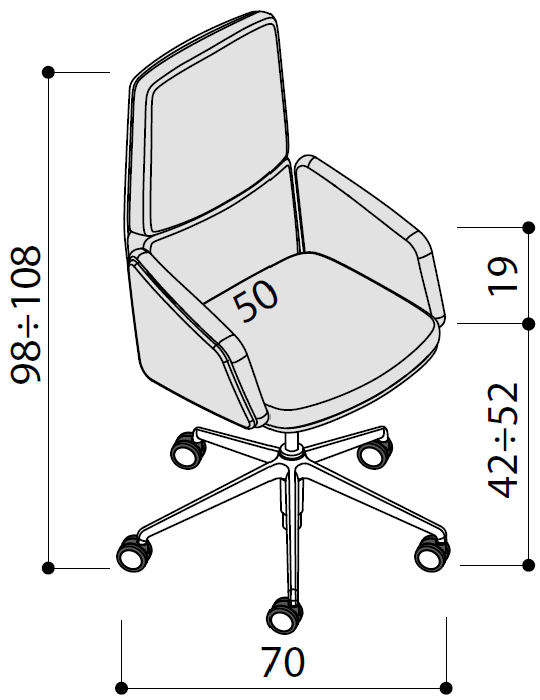 Sch&eacute;ma de profil du fauteuil de direction G&eacute;rone, hauteur 98-108 cm, assise r&eacute;glable 42-52 cm