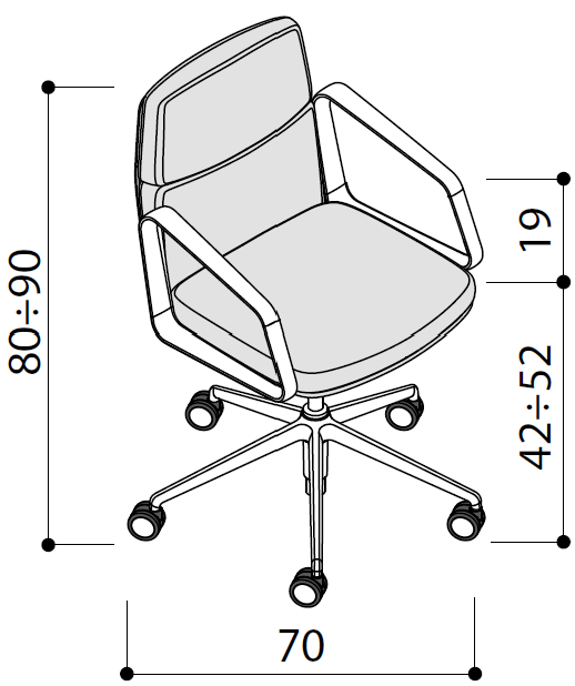 Sch&eacute;ma du fauteuil de r&eacute;union G&eacute;rone Meet, pi&egrave;tement 5 branches &agrave; roulettes, hauteur 80-90 cm, assise 42-52 cm
