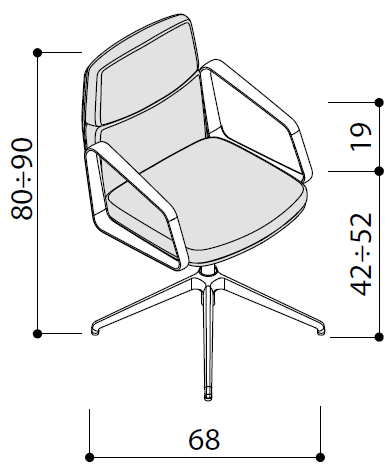 Sch&eacute;ma du fauteuil de r&eacute;union G&eacute;rone Meet, pi&egrave;tement pivotant 4 branches, largeur 68 cm, hauteur 80-90 cm