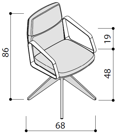Sch&eacute;ma du fauteuil de r&eacute;union G&eacute;rone Meet, pi&egrave;tement 4 pieds, hauteur totale 86 cm