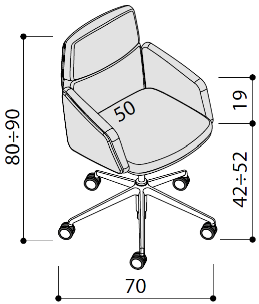 Sch&eacute;ma du fauteuil de r&eacute;union G&eacute;rone Meet, pi&egrave;tement 4 pieds, hauteur 80-90 cm, profondeur d'assise 50 cm