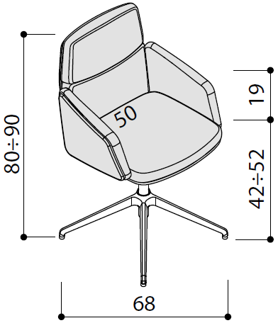 Sch&eacute;ma du fauteuil de r&eacute;union G&eacute;rone Meet, pi&egrave;tement pivotant, hauteur 80-90 cm, assise r&eacute;glable 42-52 cm