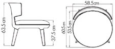 Schéma coté du fauteuil lounge Gistola, hauteur 63,5 cm, assise à 37,5 cm, diamètre d'assise 58,5 cm