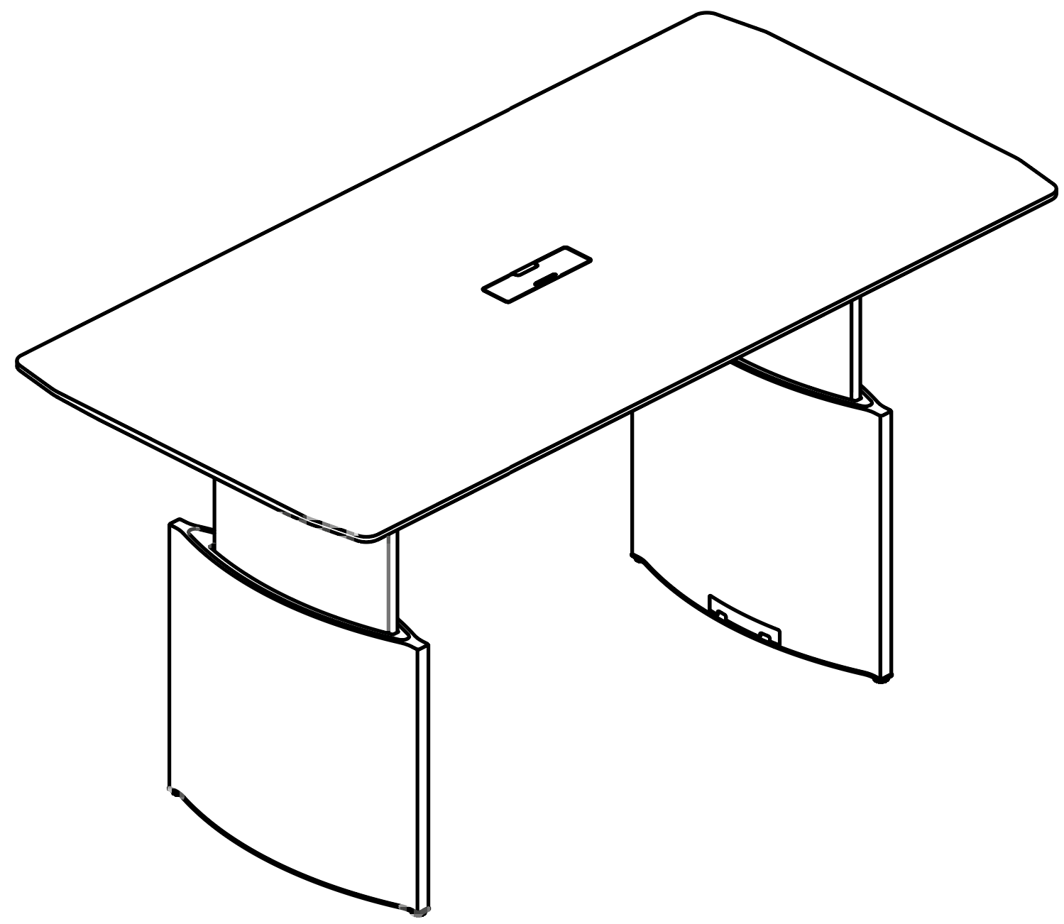 Schéma table de réunion Gorzano avec passe-câbles central, vue 3D filaire