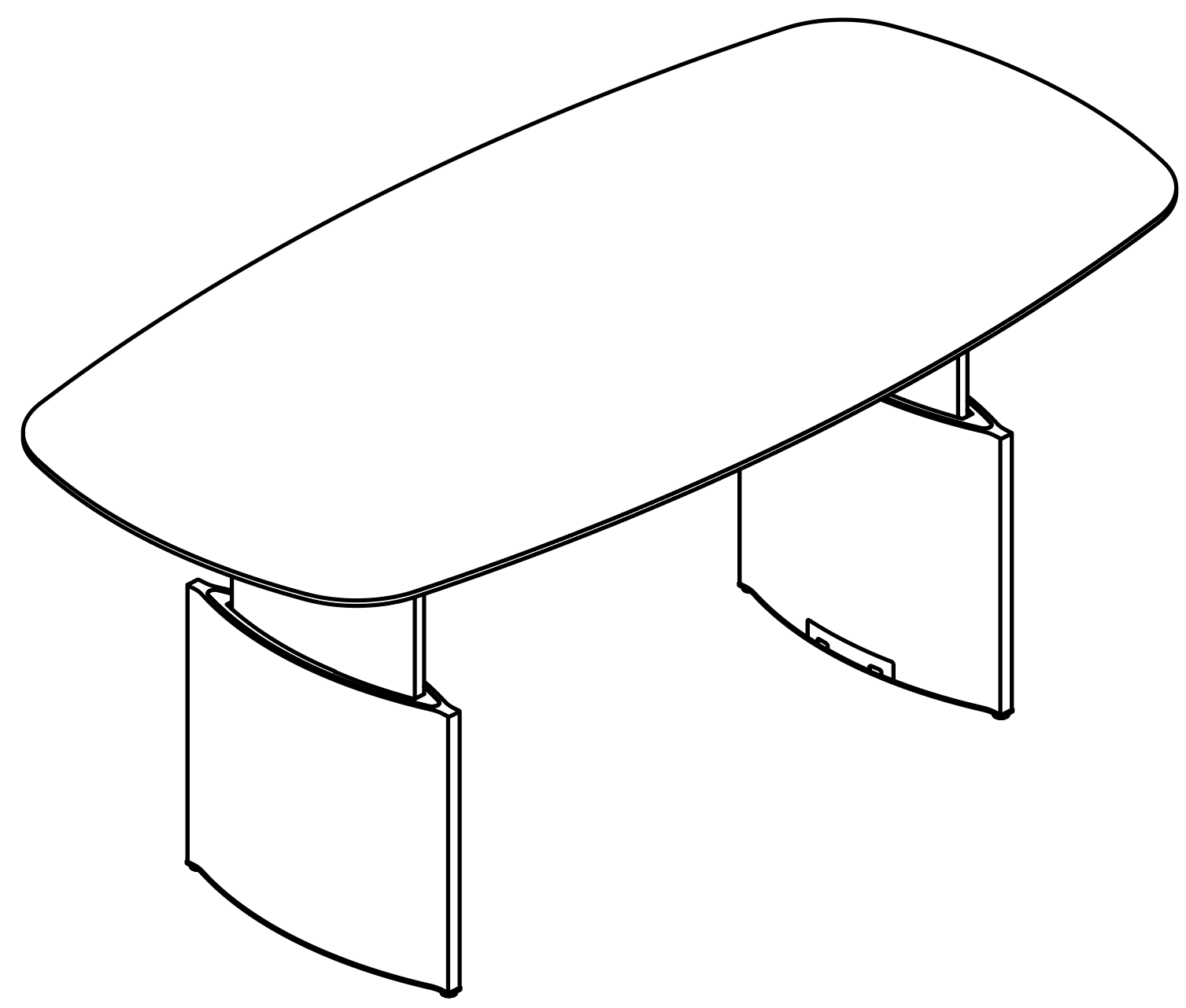 Schéma table de réunion Gorzano plateau tonneau, piètement arqué, vue 3D filaire