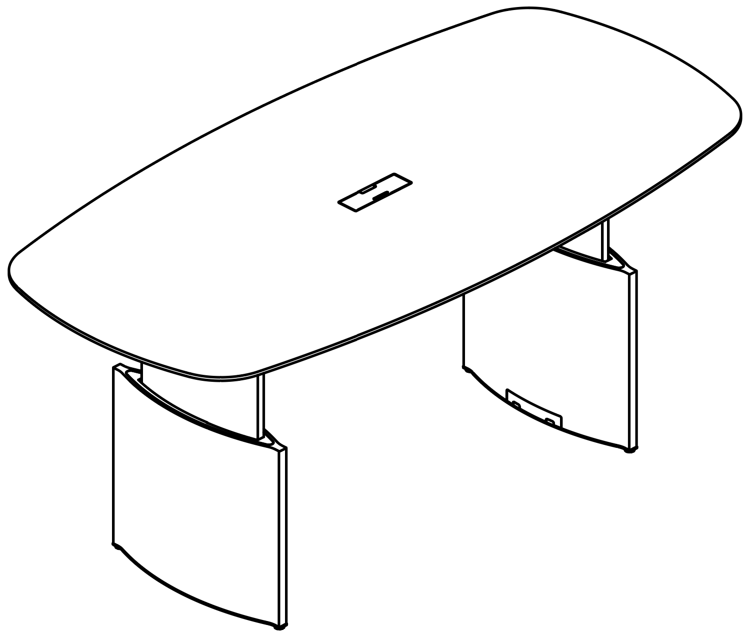 Schéma table de réunion Gorzano tonneau avec passe-câbles central, vue 3D filaire