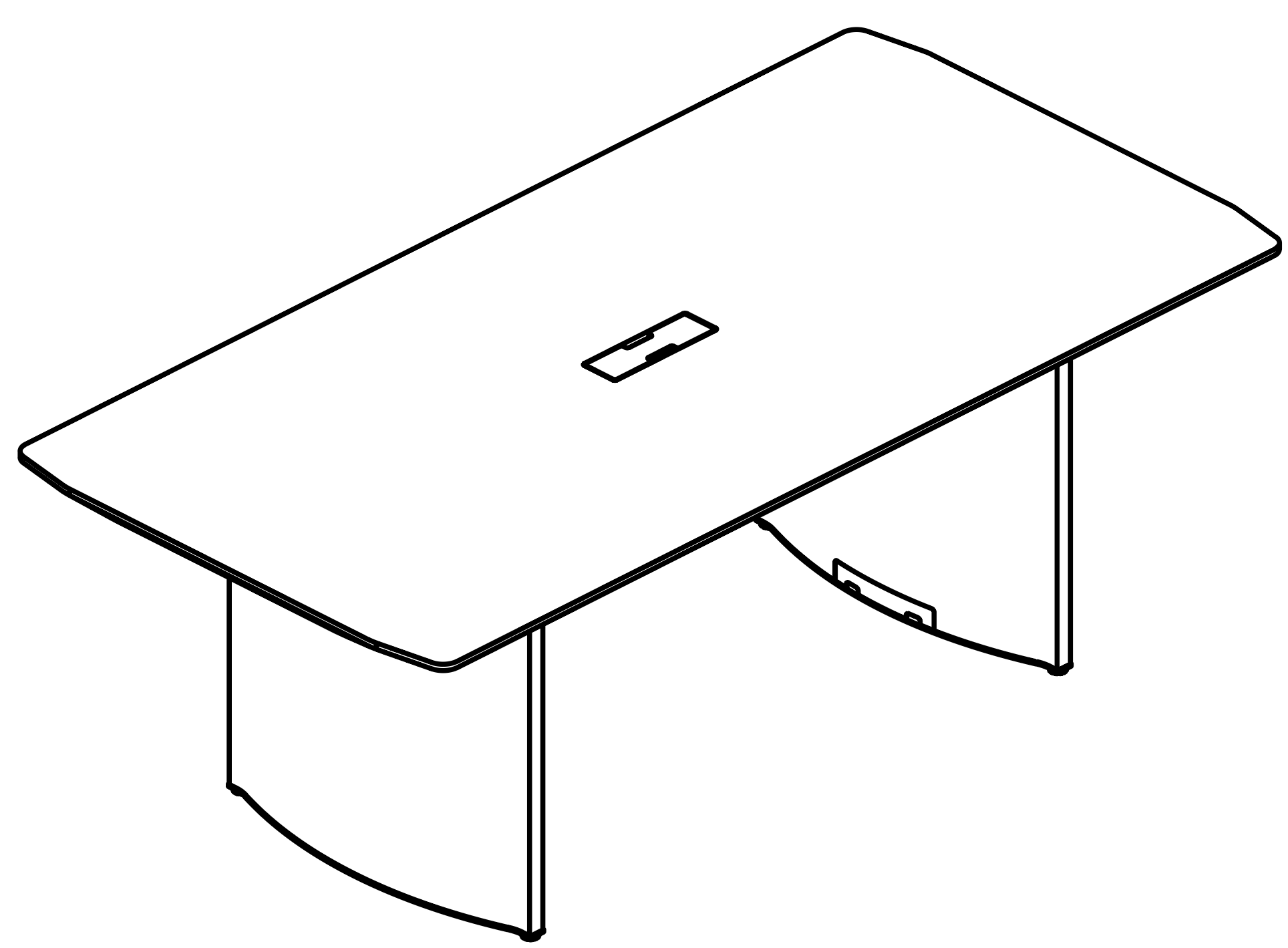 Schéma table de réunion Gorzano rectangulaire avec passe-câbles central, vue 3D filaire