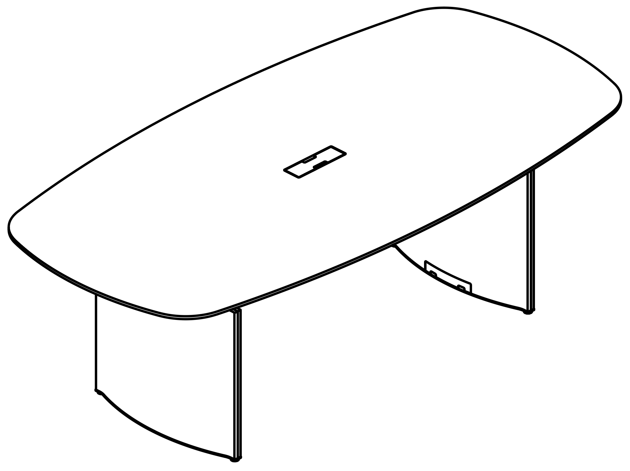 Schéma table de réunion Gorzano tonneau avec passe-câbles central, vue 3D filaire