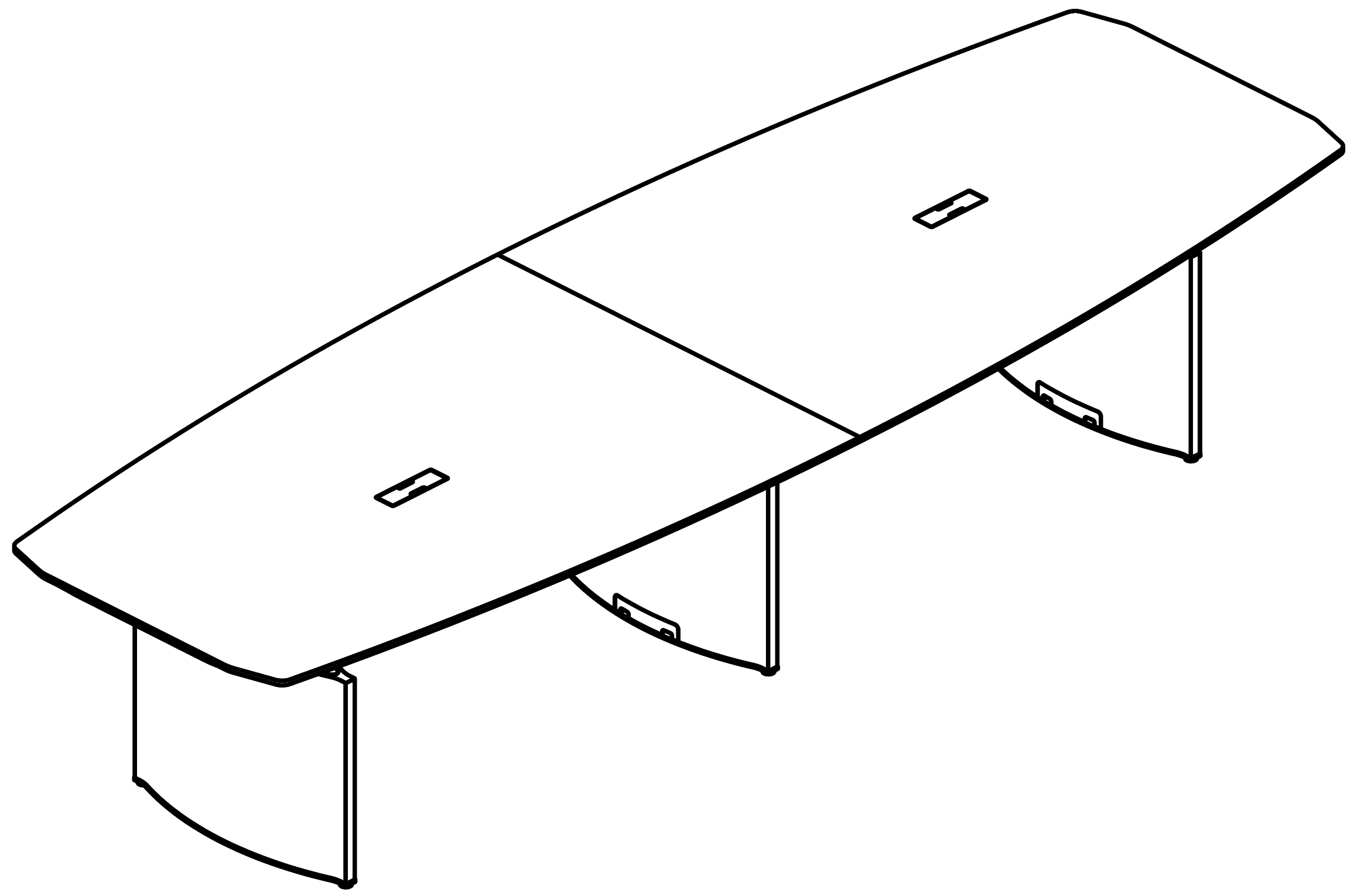 Schéma grande table de réunion Gorzano tonneau, deux passe-câbles, vue 3D filaire