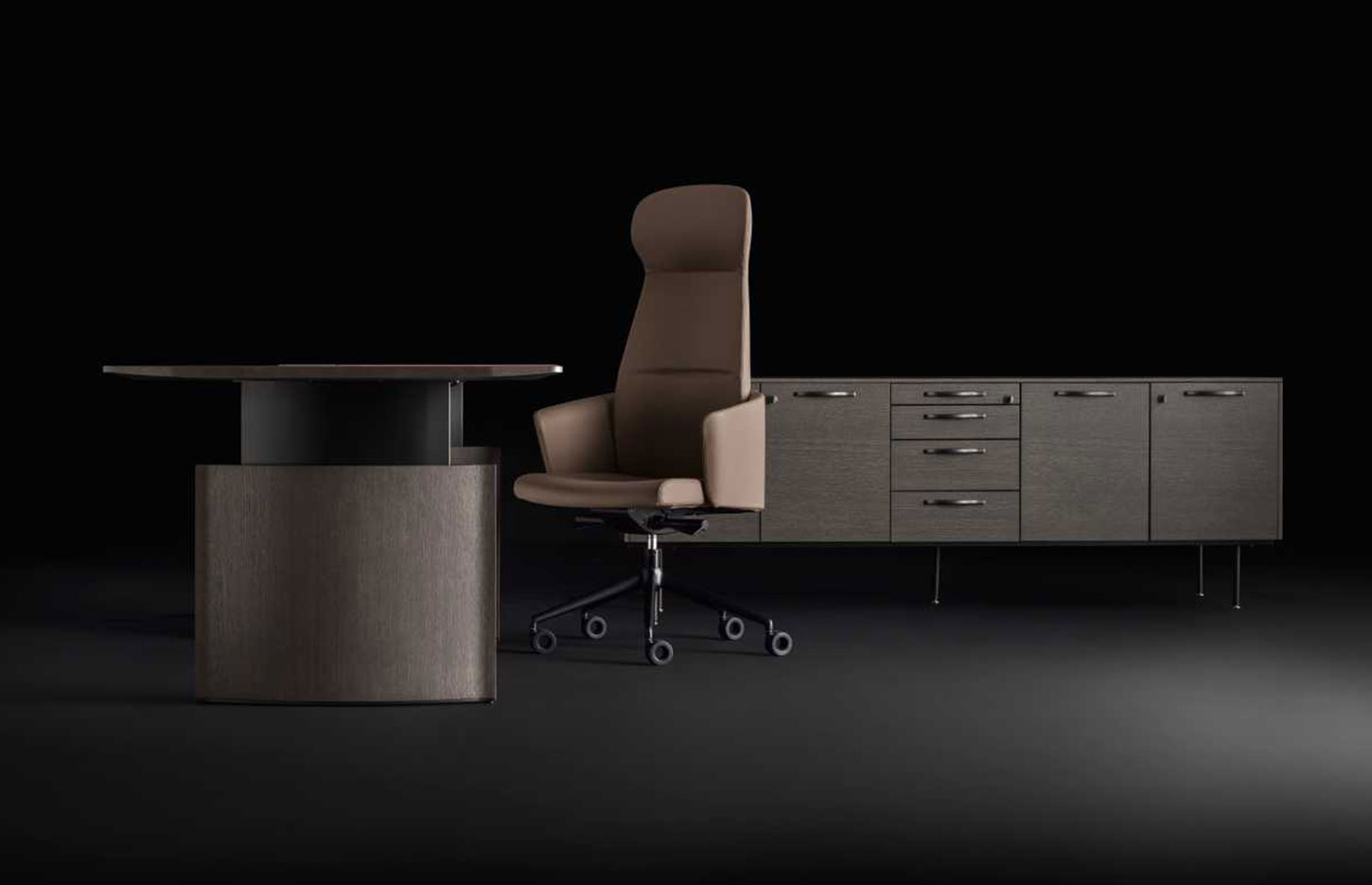 Bureau de direction Gorzano avec retour et meuble de rangement, fond noir