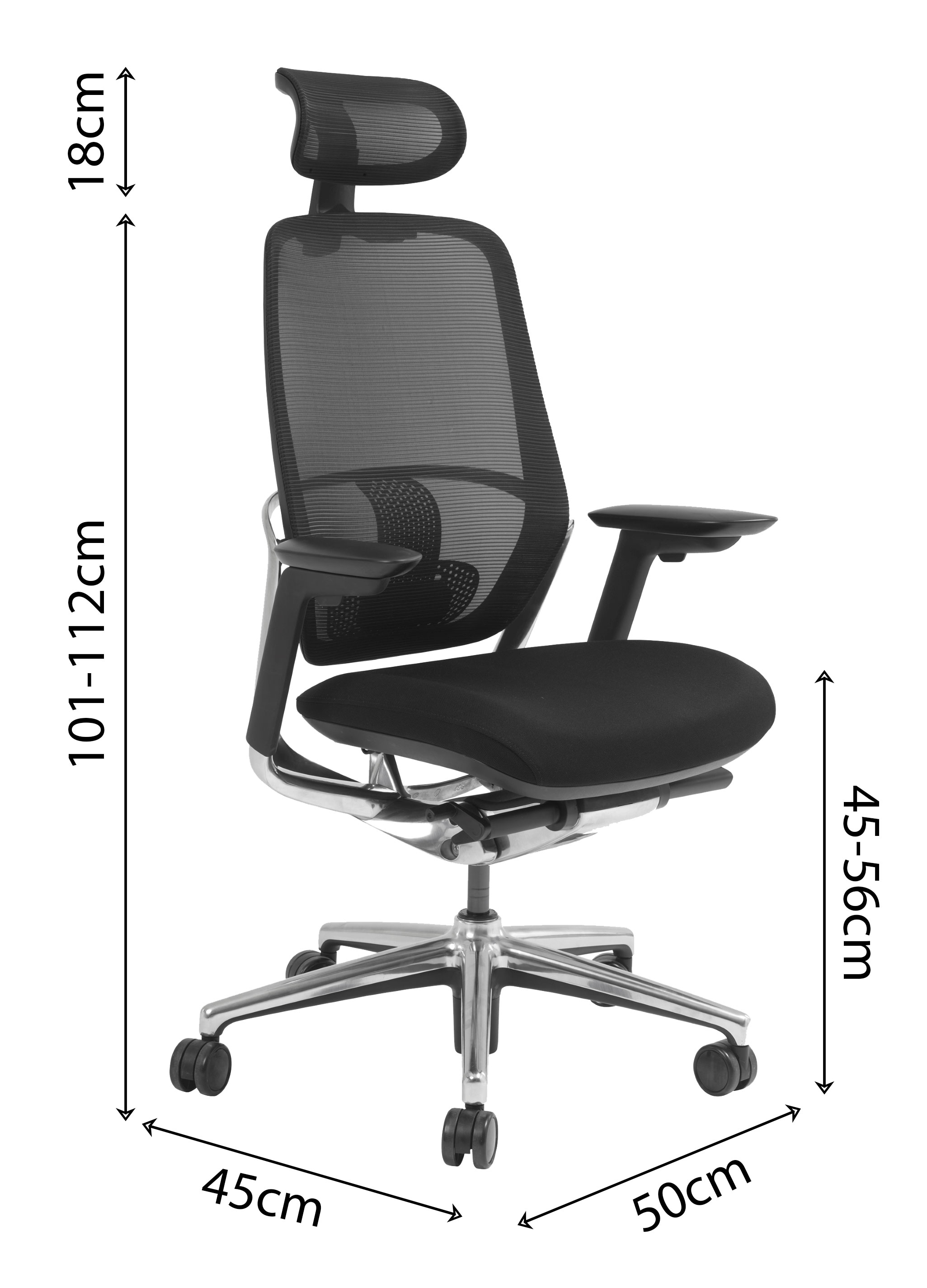 Sch&eacute;ma si&egrave;ge op&eacute;ratif Haloze, cotes : hauteur 101-112 cm, assise r&eacute;glable 45-56 cm