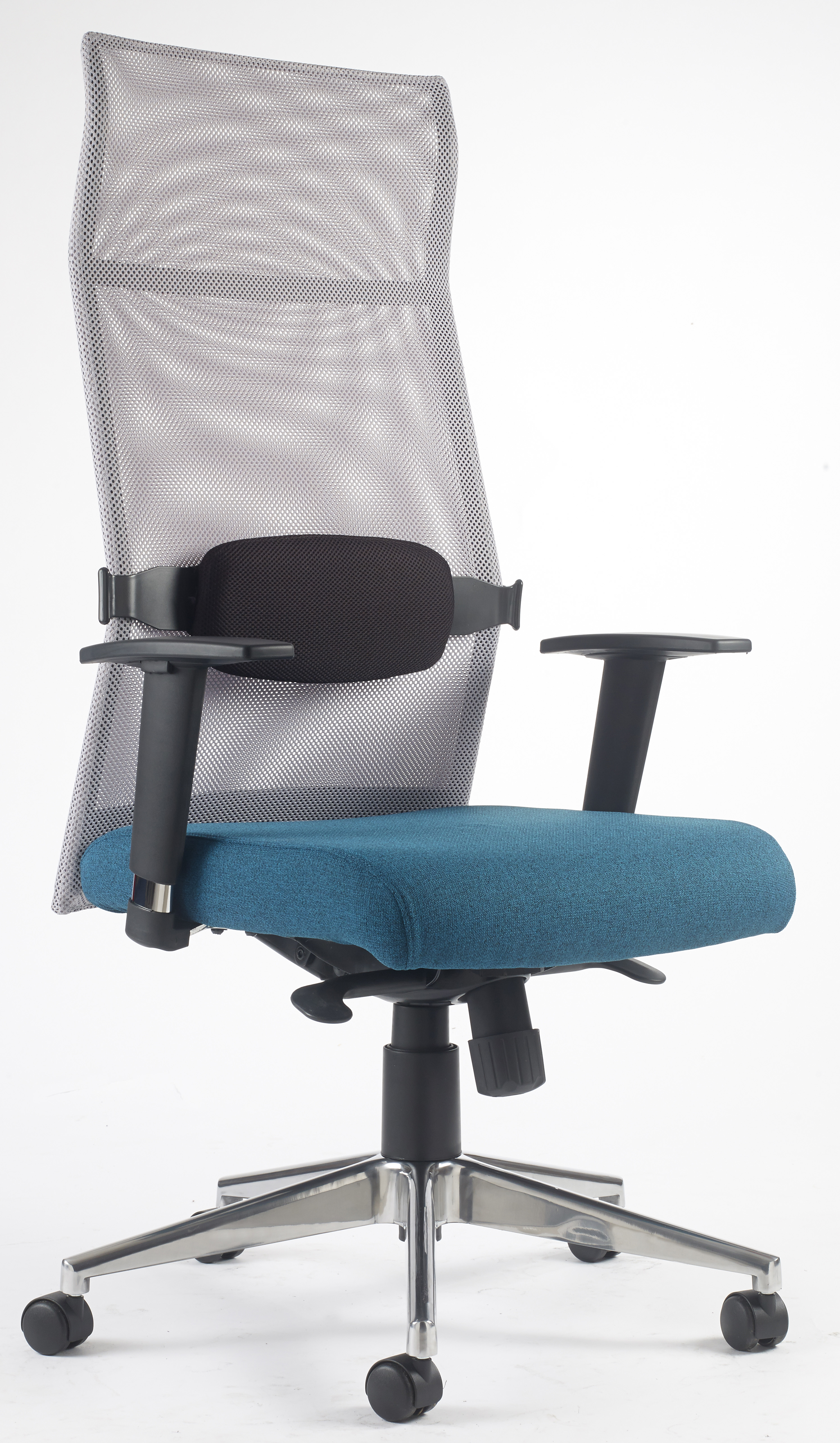 Fauteuil de bureau Harbor, dossier résille blanc et assise bleu canard, vue de profil