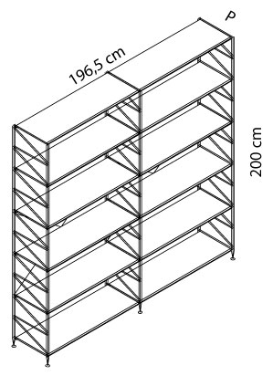 Sch&eacute;ma &eacute;tag&egrave;re Hydra double, cotes : largeur 196,5 cm, hauteur 200 cm