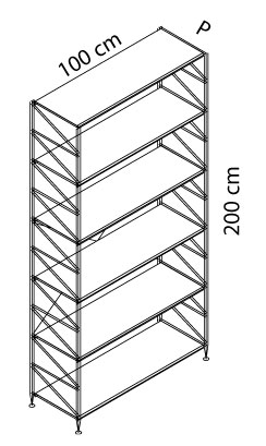 Sch&eacute;ma &eacute;tag&egrave;re Hydra simple, cotes : largeur 100 cm, hauteur 200 cm