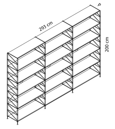 Sch&eacute;ma &eacute;tag&egrave;re Hydra triple, cotes : largeur 293 cm, hauteur 200 cm