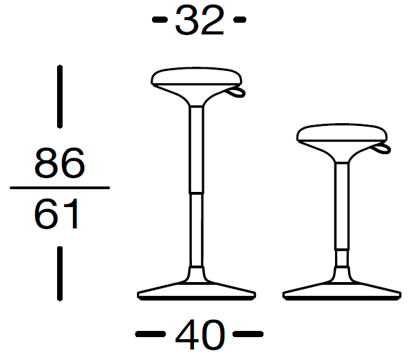 Sch&eacute;ma tabouret assis-debout Idro, cotes : hauteur 61-86 cm, assise &Oslash; 32 cm