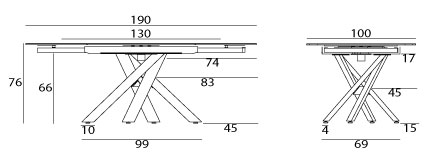 Sch&eacute;ma cot&eacute; de la table Gizeh, longueur 130 &agrave; 190 cm, pi&egrave;tement central crois&eacute;