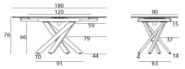 Sch&eacute;ma cot&eacute; de la table Gizeh, longueur 120 &agrave; 180 cm, pi&egrave;tement central crois&eacute;