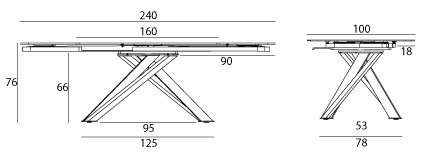 Sch&eacute;ma cot&eacute; de la table Gizeh, longueur 160 &agrave; 240 cm, pi&egrave;tement central crois&eacute;