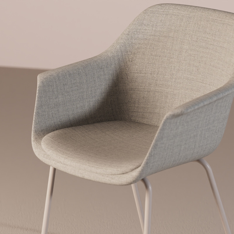 Fauteuil Isla enti&egrave;rement tapiss&eacute;, tissu beige et pi&eacute;tement m&eacute;tal