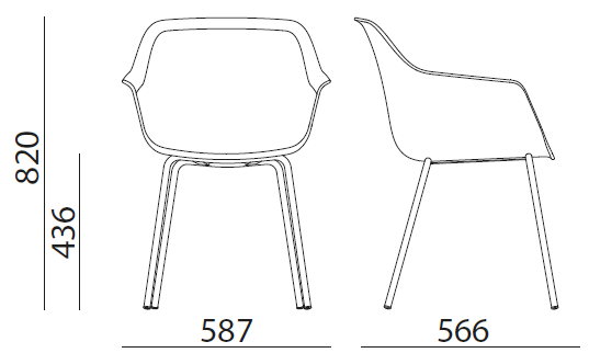 Sch&eacute;ma des cotes du fauteuil Isla sur 4 pieds : hauteur 820 mm, assise 436 mm