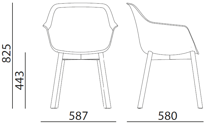 Sch&eacute;ma des cotes du fauteuil Isla sur 4 pieds bois, hauteur 825 mm, assise 443 mm